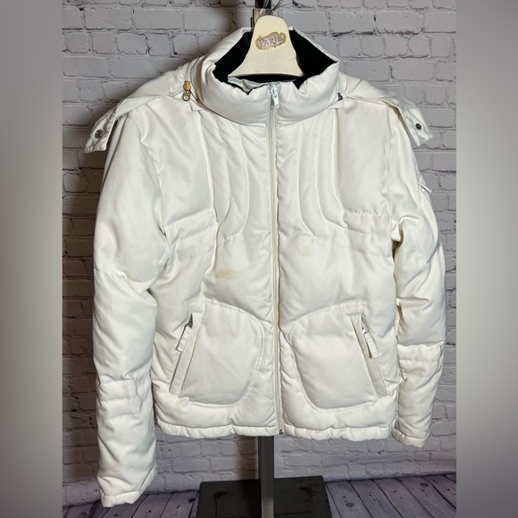 Cream white puffer coat with faux fur lined hood. Size Med. Super cute & cozy. - Picture 2 of 14